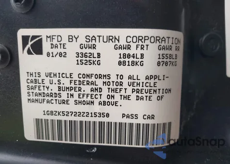 2002 Saturn S-Series Sl2 from USA, damaged, VIN 1G8ZK52722Z215350